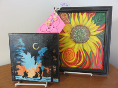 #65 Camp Fire & Sunflower Paintings made & donated by Renee Cybul..