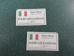 2 each $10.00 gift certificates from Tony's Pizza in Waupun