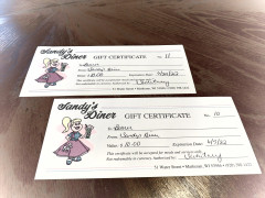 Sandy's Diner two $10 Gift Certificates